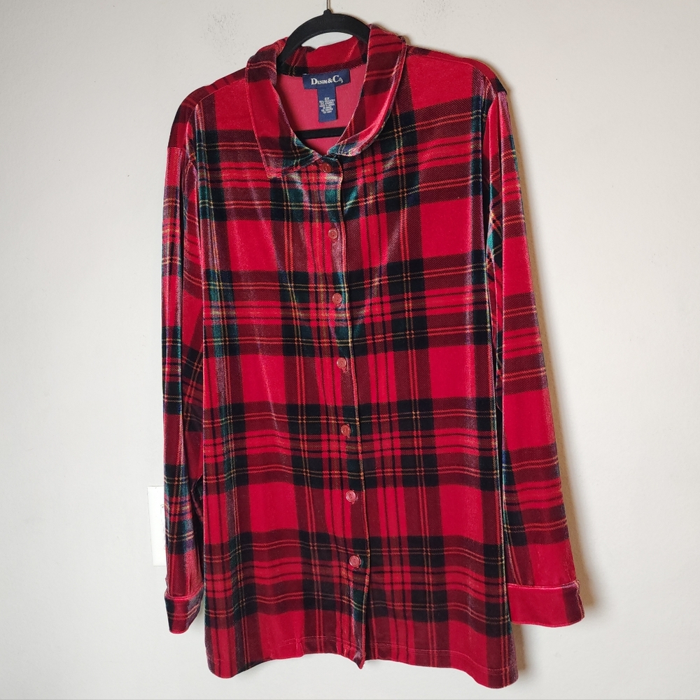 Denim & Co Velvet Red Green Paid Long Sleeve Button Up Shirt Size 2X